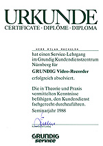Certifikát ze školení VCR Grundig - Nürnberg 1988