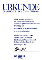 Certifikát ze školení CRT TV Grundig Nürnberg 1990