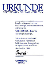 Certifikát ze školení VCR Grundig - Nürnberg 1990