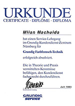 Certifikát ze školení CRT TV Grundig - Nürnberg 1993