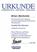 Certifikát ze školení VCR Grundig - Nürnberg 1994