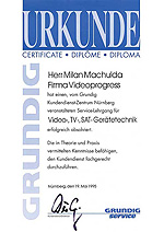 Certifikát ze školení CRT TV, VCR, SAT Grundig - Nürnberg 1995