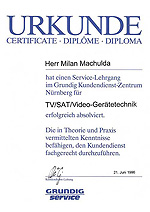 Certifikát ze školení CRT TV, VCR, SAT Grundig - Nürnberg 1996
