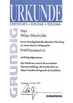 Certifikát ze školení CRT TV, SAT Grundig - Nürnberg 1997