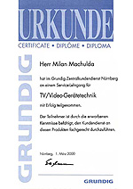 Certifikát ze školení CRT TV, VCR Grundig - Nürnberg 2000
