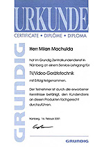 Certifikát ze školení CRT TV, VCR Grundig - Nürnberg 2001